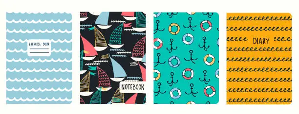 Vector illustration of Cover page vector templates with sailing boats, waves. Headers isolated and replaceable. For notebooks, diaries