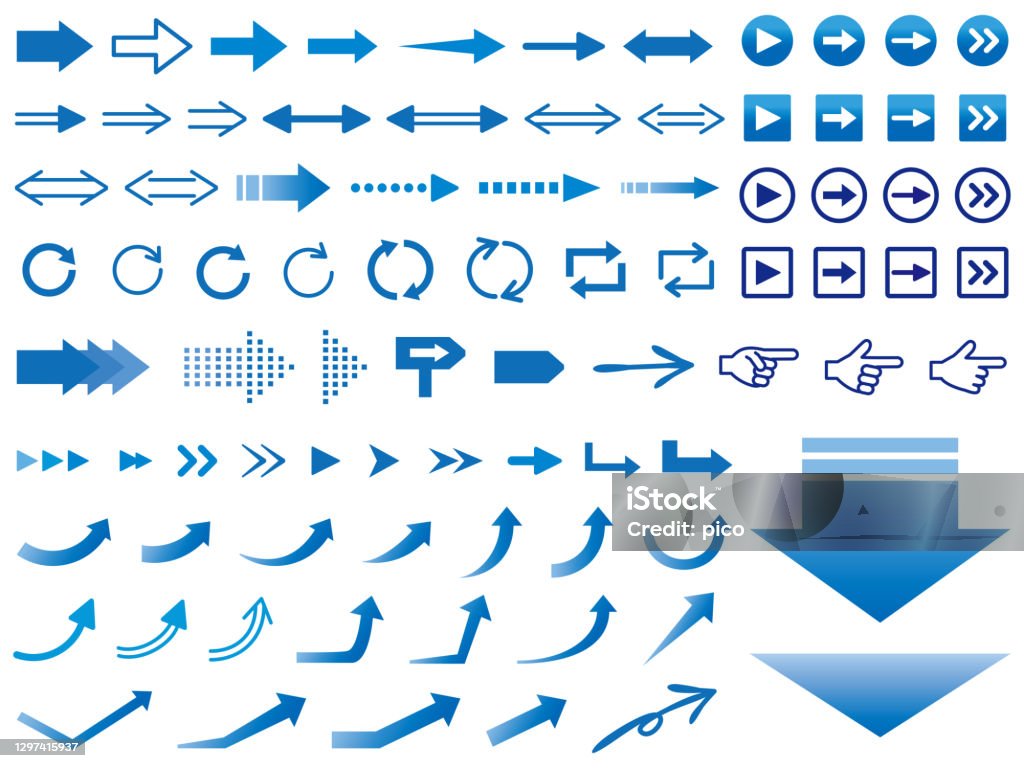 Стрелка иконки различных конструкций, синий - Векторная графика Символ стрелка роялти-фри