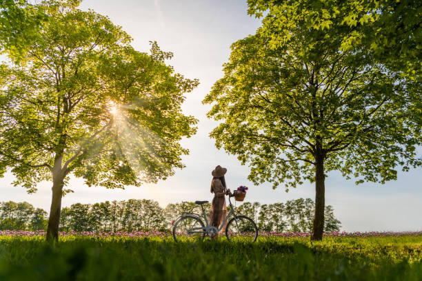istock Young woman in hat walking with bicycle along treeline 1297415987