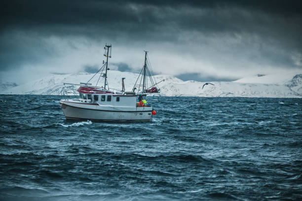istock Fishing industry: trawler boat at work, sailing out at rough sea 1297416344