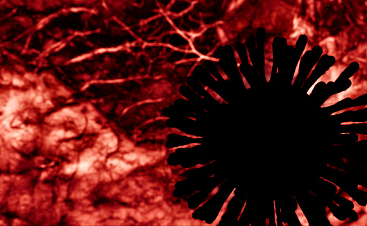 Model of coronavirus or flu on a colorful red background of organic tissues and blood vessels. The concept of a viral infection in the human body. Object silhouette. 3D rendering.