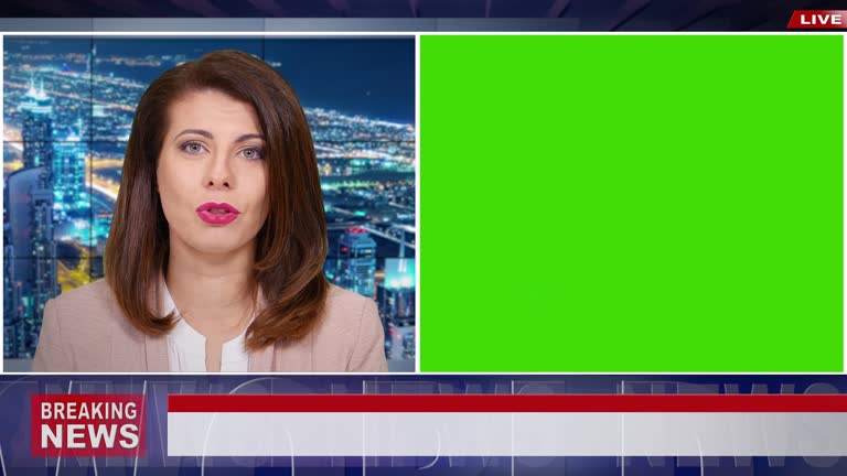 4K Video: Female newscaster presenting the breaking news with green screen display for mockup usage