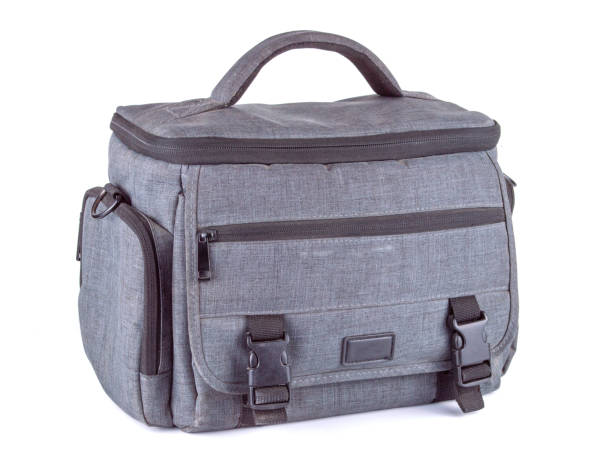 istock Close up of gray camera bag isolated on white background 1297420149