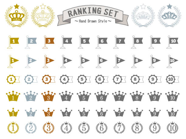 A felt-tip pen style hand-painted illustration set for ranking. Flags, medals, crowns and laurel wreaths. There is paint. A felt-tip pen style hand-painted illustration set for ranking. Flags, medals, crowns and laurel wreaths. There is paint.

It is drawn with handwritten lines.
There are numbers that represent the rankings from 1st to 10th.
Together, there is a crown and a tiara. second place stock illustrations