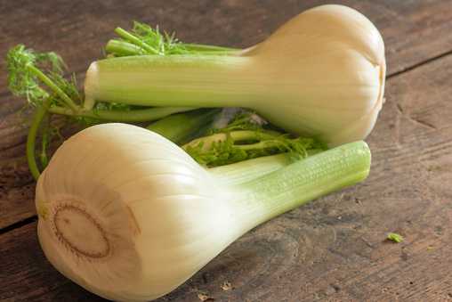 Organic Fennel vegetable on an old wood tabletop