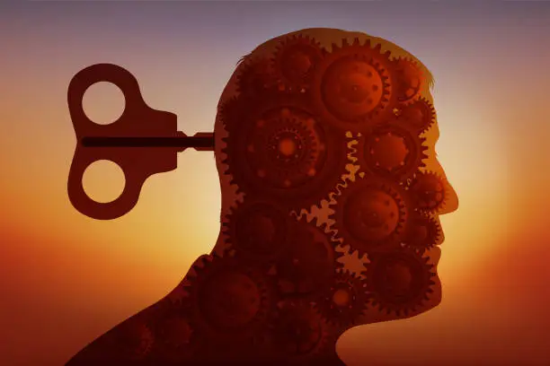 Vector illustration of Concept of the manipulation of opinion, symbolized by a key that takes control of a brain replaced by gears.