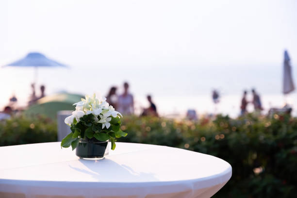 istock a glass vase with flowers on the white reception table at beachfront weddings party even 1297422548