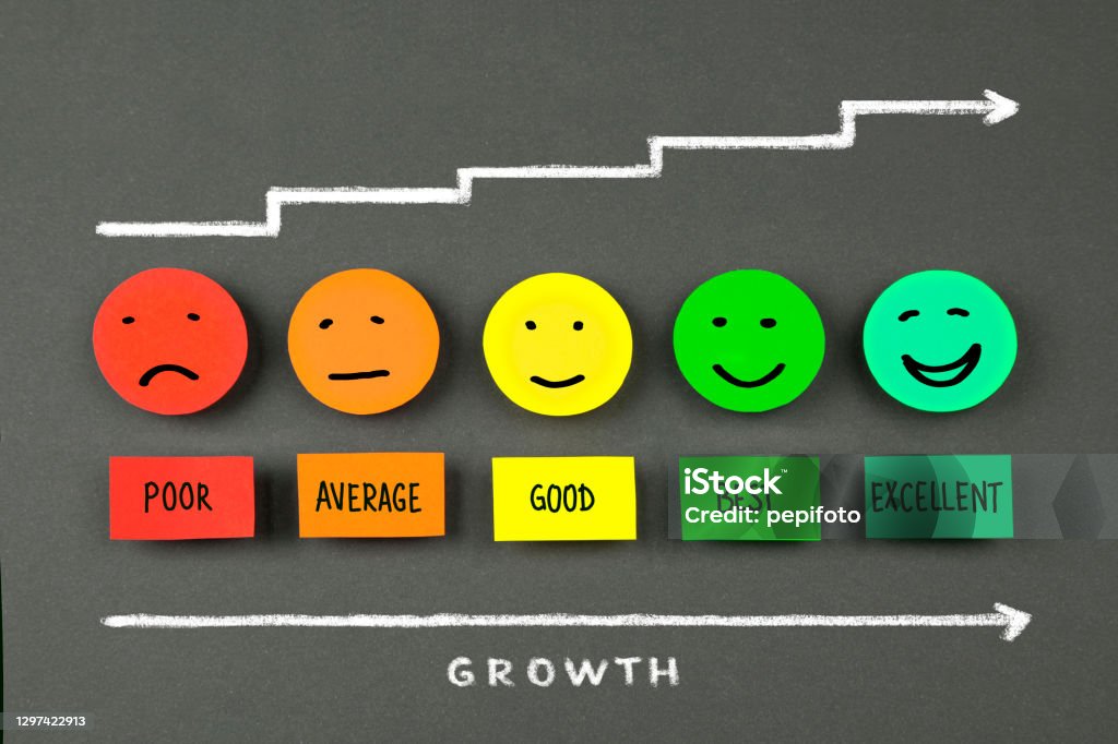 Growth diagram Growth diagram with Colorful smileys on chalkboard background Improvement Stock Photo