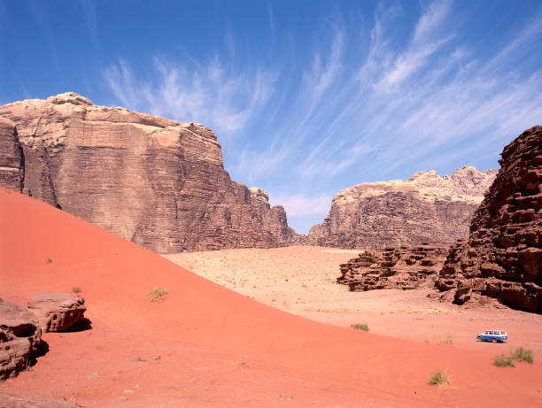 4WD in Wadi Rum desert in Jordan 4WD in Wadi Rum desert in Jordan. This Wadi Rum desert is well known by the book Lawrence of Arabia written by T.E.Lawrence lawrence in arabia stock pictures, royalty-free photos & images