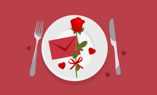 sevgililer günü yemeği. kırmızı arka plan. vektör kümesi - biriyle çıkmak illüstrasyonlar stock illustrations