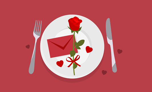 Valentines Day Dinner. Red background. Vector illustration
