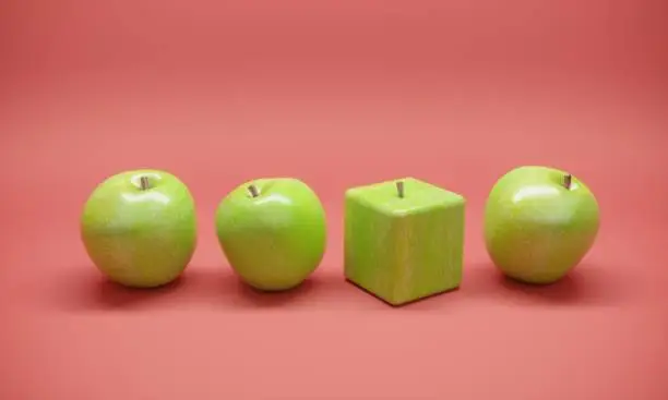 Cube shaped apple between the normal apples. ( 3d render )