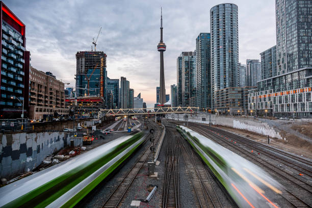 Skyline of Toronto downtown with a railroad in foreground. City of Toronto, Canada