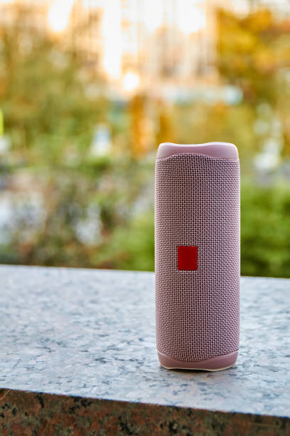istock Portable pink wireless speaker in the city. Close-up, selective focus. 1297429461