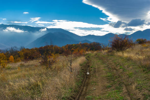 Evening landscape of Crimean mountains near Alushta city at fall season. - fotografia de stock