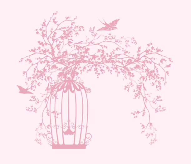   春天櫻花枝與鳥籠和飛燕向量剪影 - 鳥籠 插圖 幅插畫檔、美工圖案、卡通及圖標