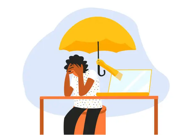 Vector illustration of Sad woman gets help from online mental health therapy