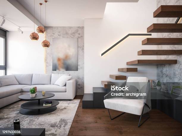 Interior Design Architecture Computer Generated Image Of Living Room Architectural Visualization 3d Rendering Stock Photo - Download Image Now