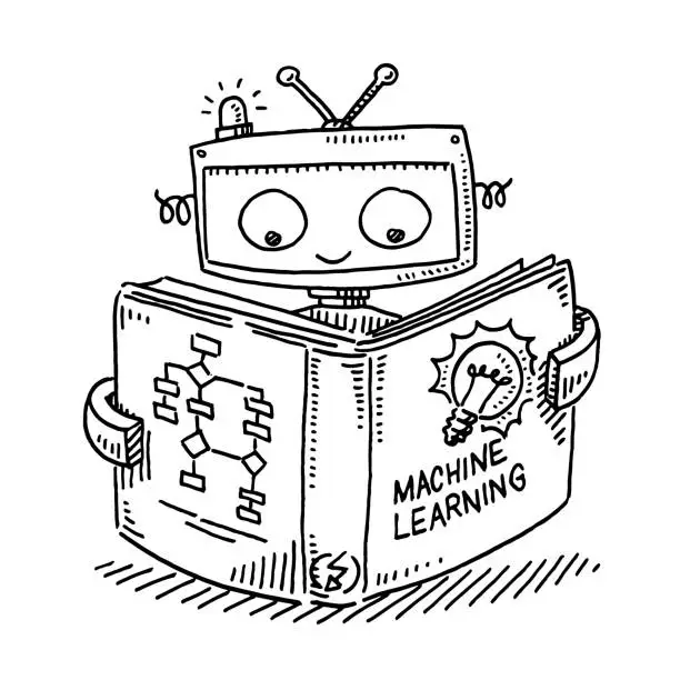 Vector illustration of Cute Robot Reading Machine Learning Book Drawing