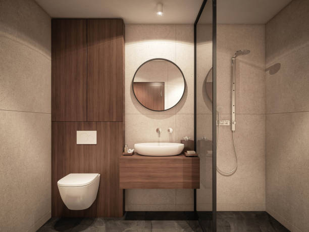 diseño de interiores. arquitectura. imagen generada por ordenador del baño. visualización arquitectónica. renderizado 3d. - bathroom bathroom sink sink design fotografías e imágenes de stock