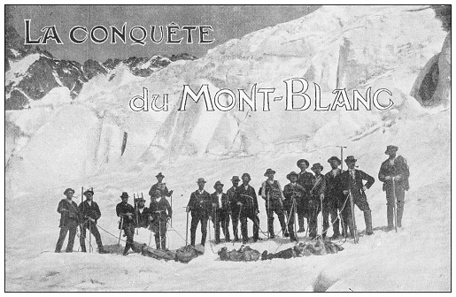 Antique black and white photograph: Conquering Mont Blanc