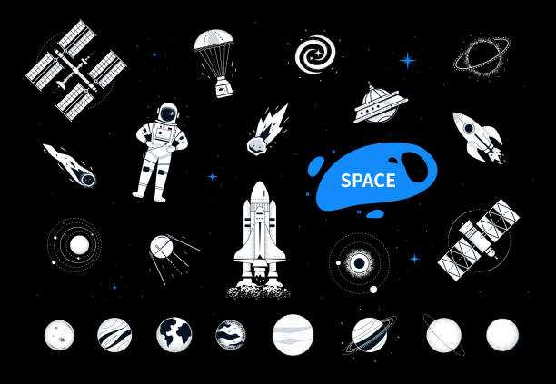 ilustrações de stock, clip art, desenhos animados e ícones de space elements - modern flat design style objects - rocket earth planetary moon sky