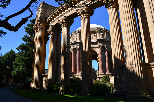 San Francisco, CA, USA - October 5, 2019: The rotunda of the Palace of Fine Arts, seen through the colonnade.