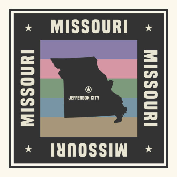 Abstract square stamp or sign with silhouette and name of US state Missouria, vector illustration
