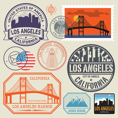 Stamp set with name of California, Los Angeles, vector illustration