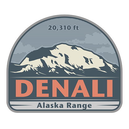 Stiker or label with Denali (also known as Mount McKinley) mountain peak. Vector illustration