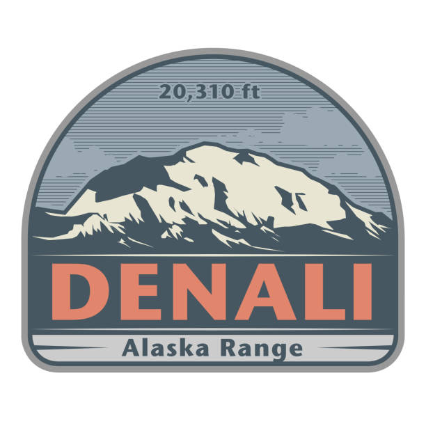 Stiker or label with Denali (also known as Mount McKinley) mountain peak Stiker or label with Denali (also known as Mount McKinley) mountain peak. Vector illustration denali mountain stock illustrations
