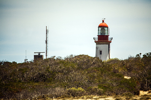 Scenic view of lighthouse against bush on the hill of Robben Island, Cape Town, South Africa