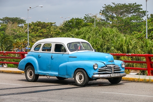Havana, Cuba - June 6, 2017: Blue retro car Chevrolet Stylemaster in the city street.