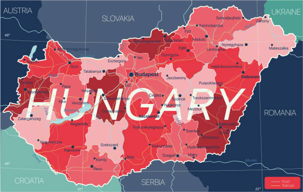 ハンガリーの国詳細な編集可能な地図 - hungary budapest map cartography点のイラスト素材／クリップアート素材／マンガ素材／アイコン素材