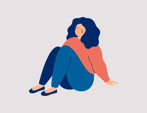 Vector illustration of Joyful girl sits on the floor with positive mood and thoughts. 