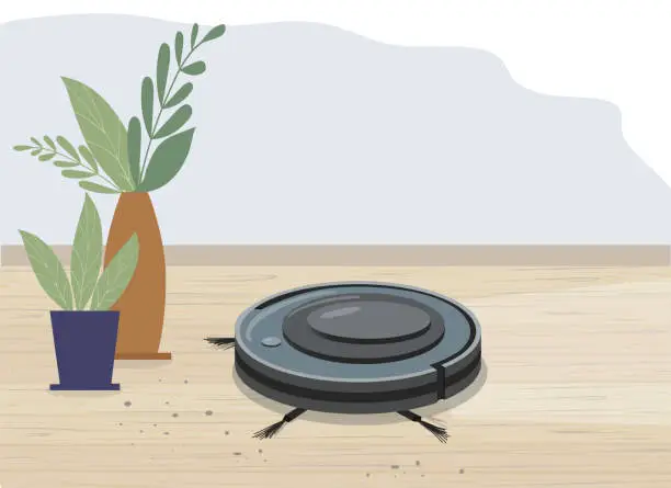 Vector illustration of Smart robot vacuum cleaner in a modern living room. Wooden flooring, laminate flooring and potted plants. Modern smart home appliances for cleaning apartments. vector flat