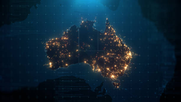 Night Map of Australia with City Lights Illumination Night Map of Australia with City Lights Illumination. 3D render country geographic area stock pictures, royalty-free photos & images