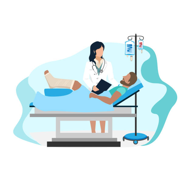 man with a broken leg is in the hospital A man with a broken leg is in the hospital. Doctor and patient. Background vector illustration. hachimaki stock illustrations