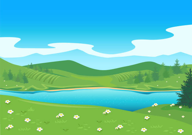 ilustraciones, imágenes clip art, dibujos animados e iconos de stock de paisaje de verano con montañas y lago - grass lake