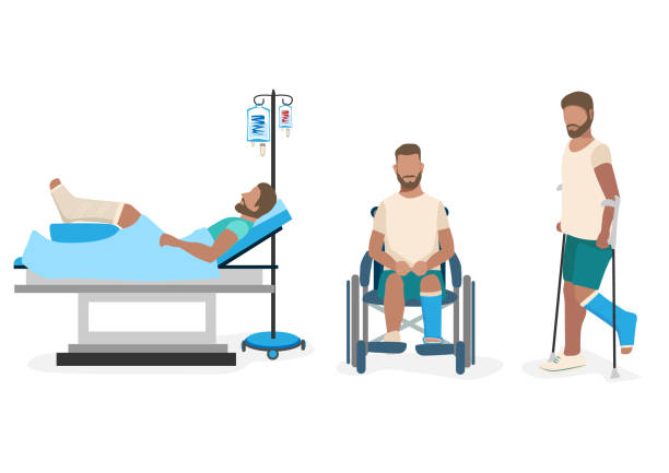 set of vector illustrations of a man with a broken leg set of vector illustrations of a man with a broken leg in the hospital lies on a bed, sits in a wheelchair, walks on crutches. Isolated on white background. hachimaki stock illustrations