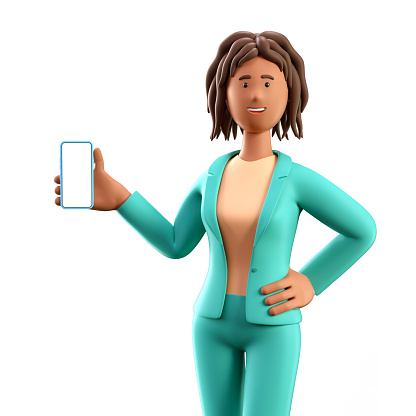 3D illustration of standing african american woman holding smartphone and showing blank screen. Close up portrait of cartoon smiling elegant businesswoman using phone, isolated on white background.