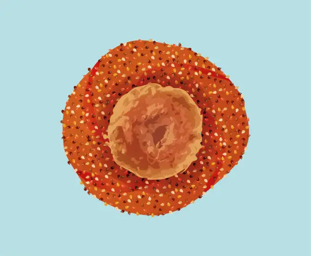 Vector illustration of Freshly baked bagels (simit - gevrek veya kuluri) on a sesame bun. Izmir boyoz in gevrek.