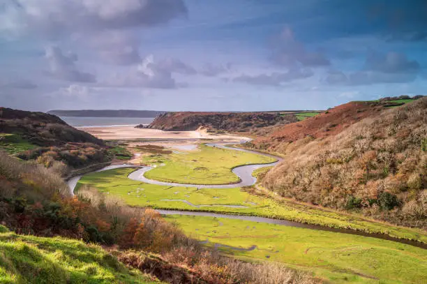 Three Cliffs Bay, the Gower Peninsular, south Wales, taken from Pennard Castle, overlooking the beach