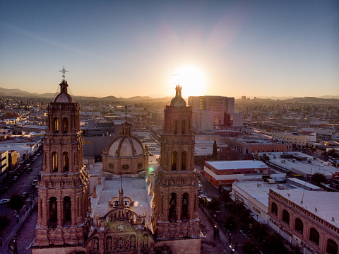 Drone View Of The Cathedral Of Chihuahua, Metropolitan Cathedral Of The Holy Cross At Sunset