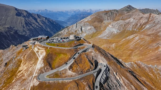Aerial view of Edelweisspitze summit on Grossglockner scenic High Alpine Road, Austria Aerial of Grossglockner road, Austria grossglockner stock pictures, royalty-free photos & images