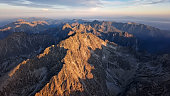 Aerial view of sunrise over of Gerlachov Peak (Gerlachovsky stit) in High Tatras (Vysoke Tatry) mountains, Slovakia