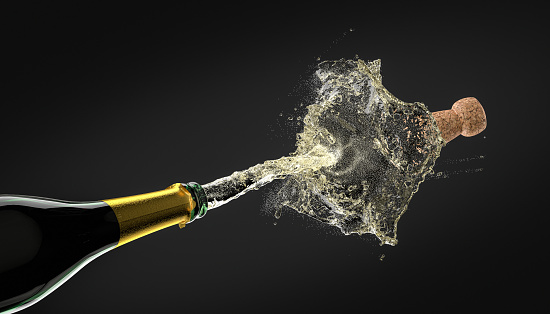 detail of a cork of a bottle of champagne, splashes of wine and bubbles. 3d render. celebration concept, new year.