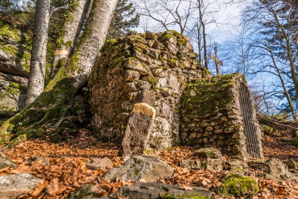 vieille pierre construite ruine du monastère délabré sur le rusel et ruselabsatz près de geisslinger stein koenigstein et hausstein dans la forêt bavaroise près de deggendorf et regen, allemagne - konigstein photos et images de collection