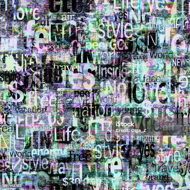 Abstract Grunge Urban Geometric Chaotic Seamless Pattern With Words