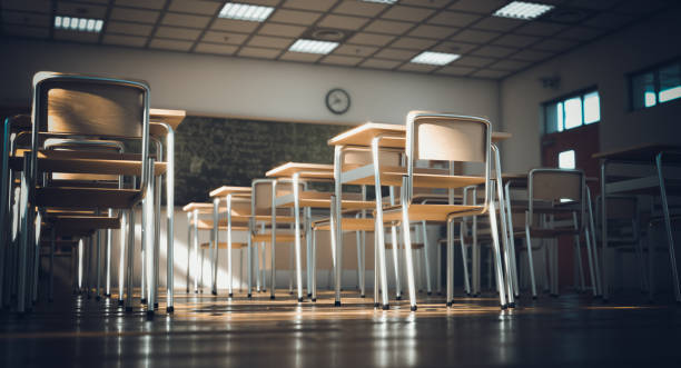 interior of a traditional primary school, wooden floor and elements interior of a traditional primary school, wooden floor and elements, vintage and classic atmosphere. school and education concept. nobody around. 3d render. classroom stock pictures, royalty-free photos & images